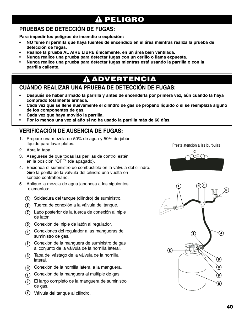 Advertencia peligro, Pruebas de detección de fugas, Cuándo realizar una prueba de detección de fugas | Verificación de ausencia de fugas | Brinkmann 6345 Series User Manual | Page 41 / 68