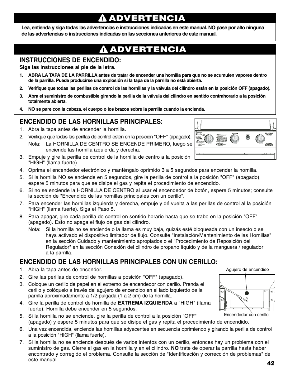 Advertencia, Instrucciones de encendido, Encendido de las hornillas principales | Brinkmann 6345 Series User Manual | Page 43 / 68