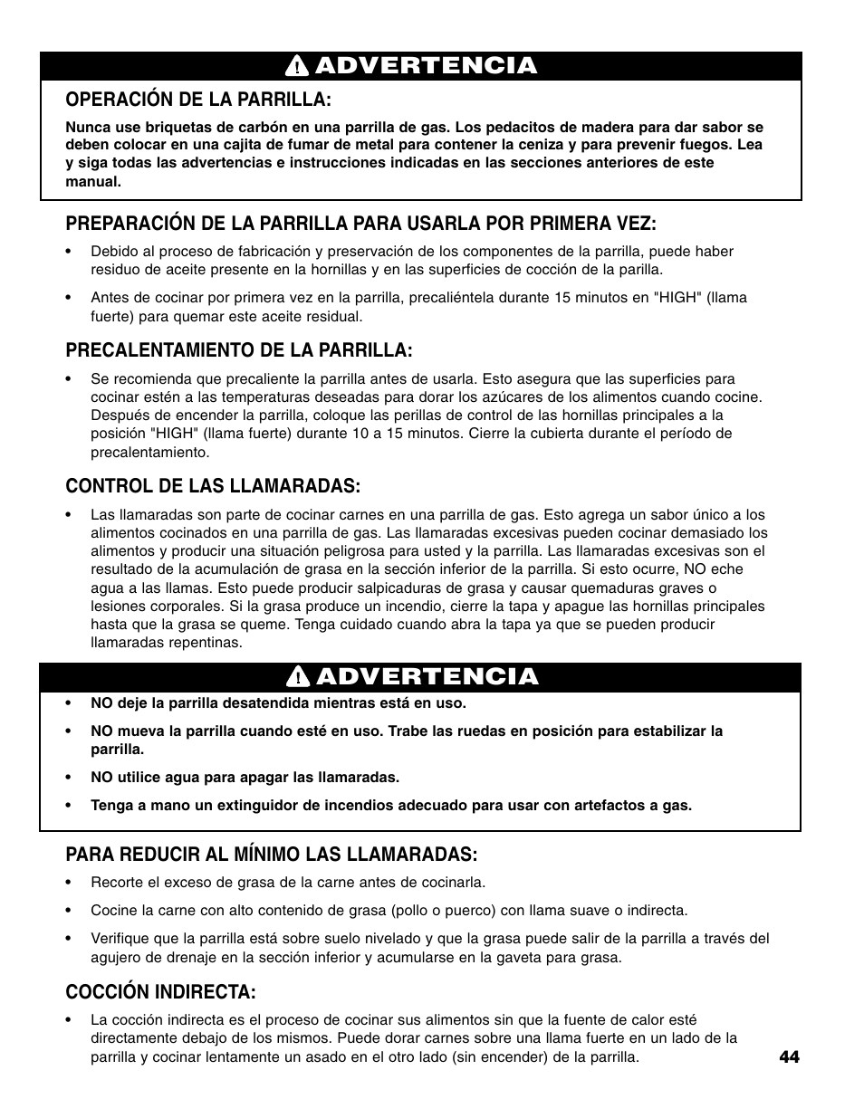 Advertencia, Operación de la parrilla, Precalentamiento de la parrilla | Control de las llamaradas, Para reducir al mínimo las llamaradas, Cocción indirecta | Brinkmann 6345 Series User Manual | Page 45 / 68