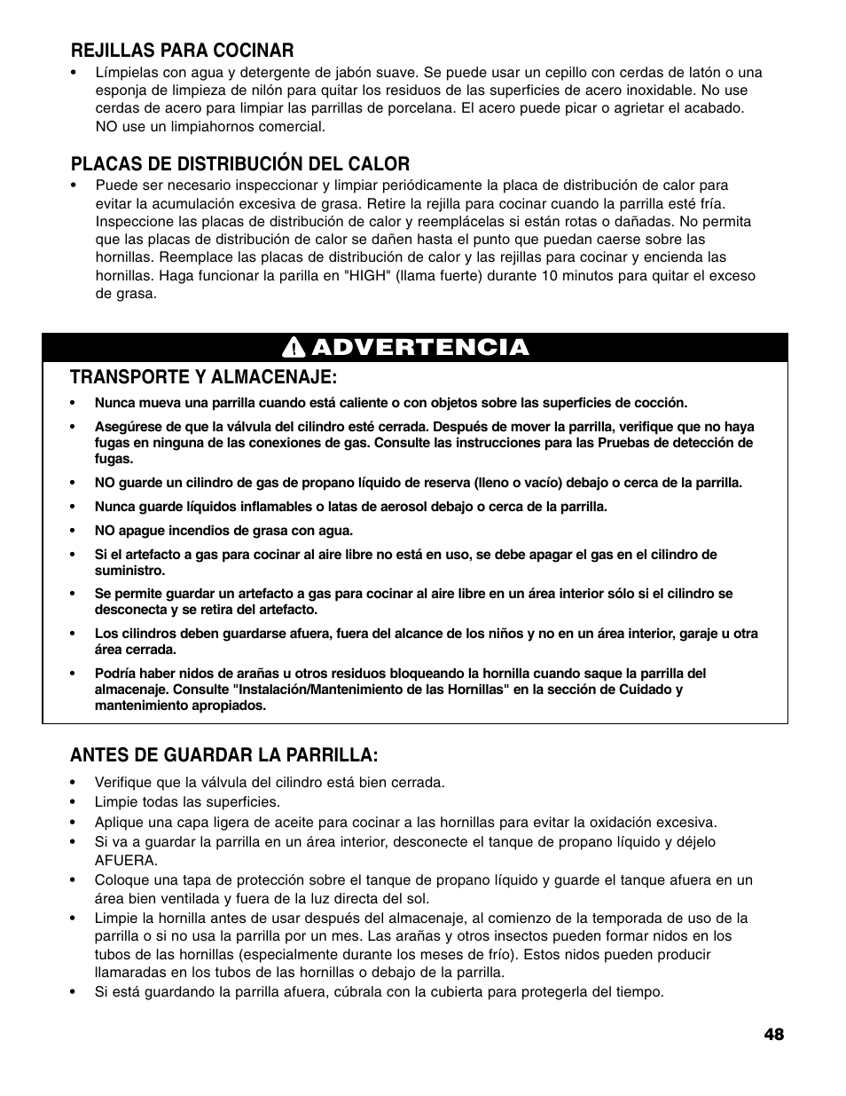 Advertencia, Transporte y almacenaje, Antes de guardar la parrilla | Rejillas para cocinar, Placas de distribución del calor | Brinkmann 6345 Series User Manual | Page 49 / 68