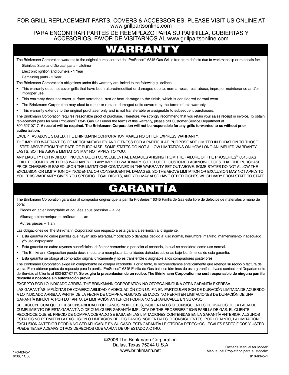 Warranty garantía | Brinkmann 6345 Series User Manual | Page 68 / 68