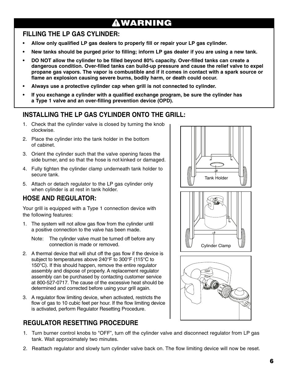 Warning, Filling the lp gas cylinder, Installing the lp gas cylinder onto the grill | Hose and regulator, Regulator resetting procedure | Brinkmann 6345 Series User Manual | Page 7 / 68