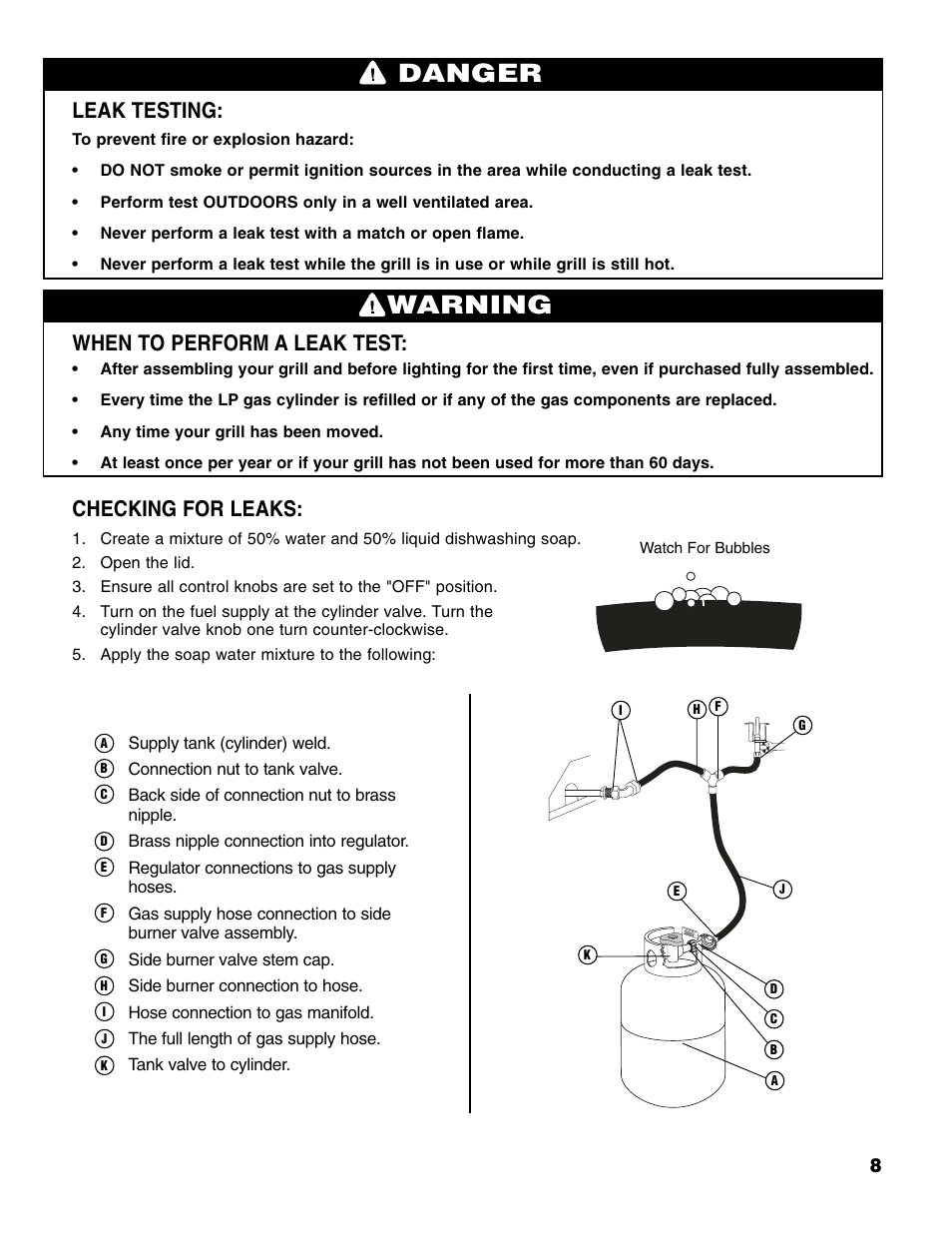 Warning, Danger, Leak testing | When to perform a leak test, Checking for leaks | Brinkmann 6345 Series User Manual | Page 9 / 68
