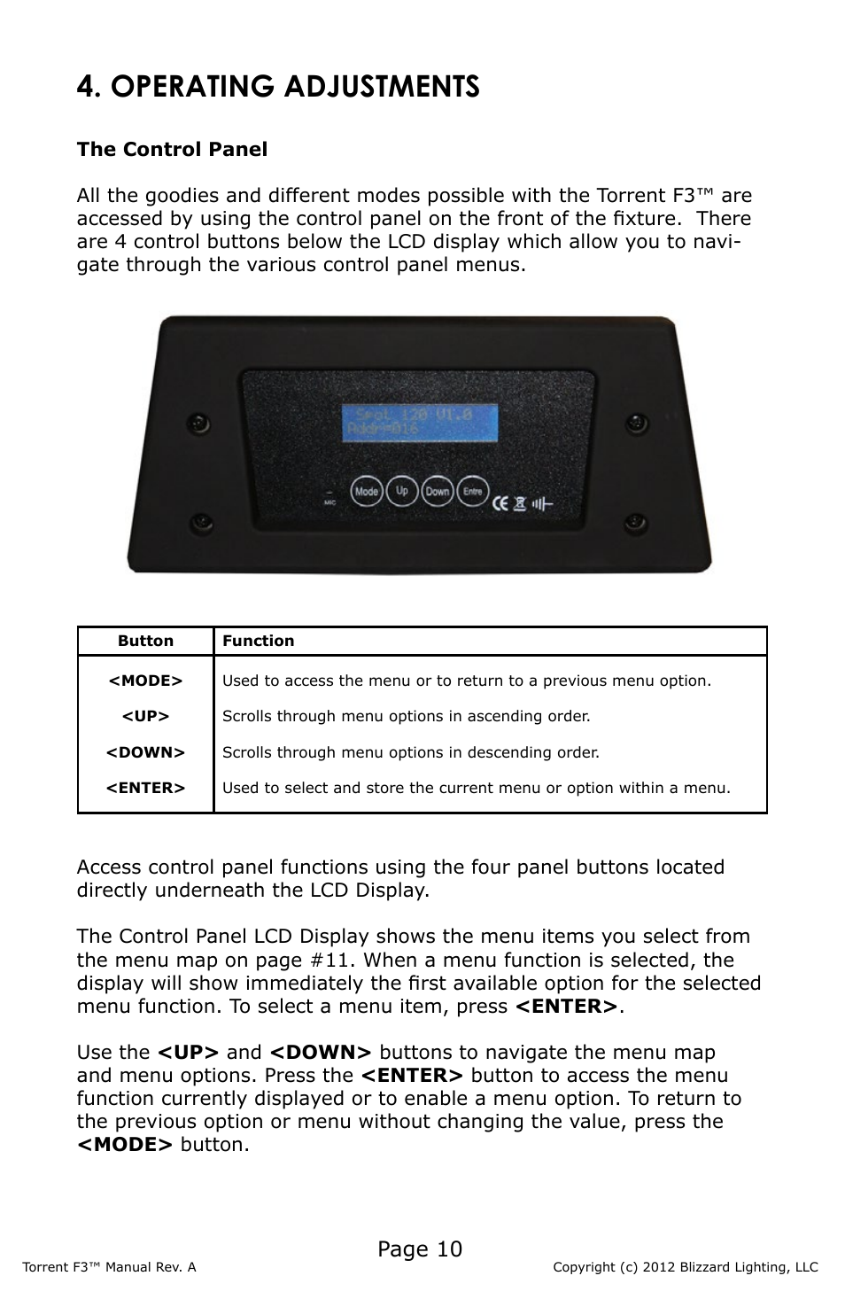 Operating adjustments, Page 10 | Blizzard Lighting F3 Torrent (Rev A) User Manual | Page 10 / 20