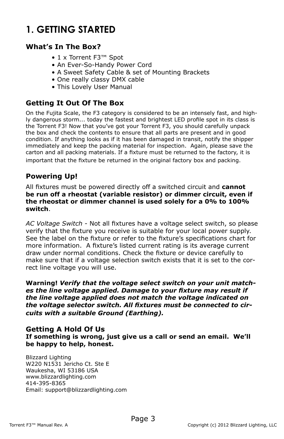 Getting started, Page 3, What’s in the box | Getting it out of the box, Powering up, Getting a hold of us | Blizzard Lighting F3 Torrent (Rev A) User Manual | Page 3 / 20