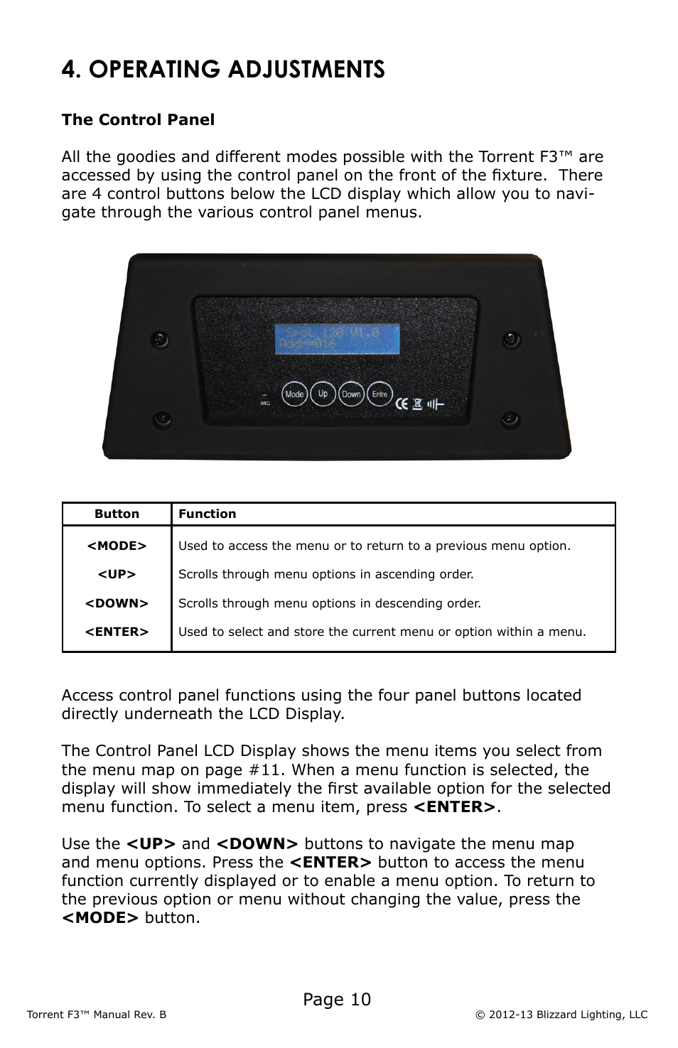 Operating adjustments, Page 10 | Blizzard Lighting F3 Torrent (Rev B) User Manual | Page 10 / 20