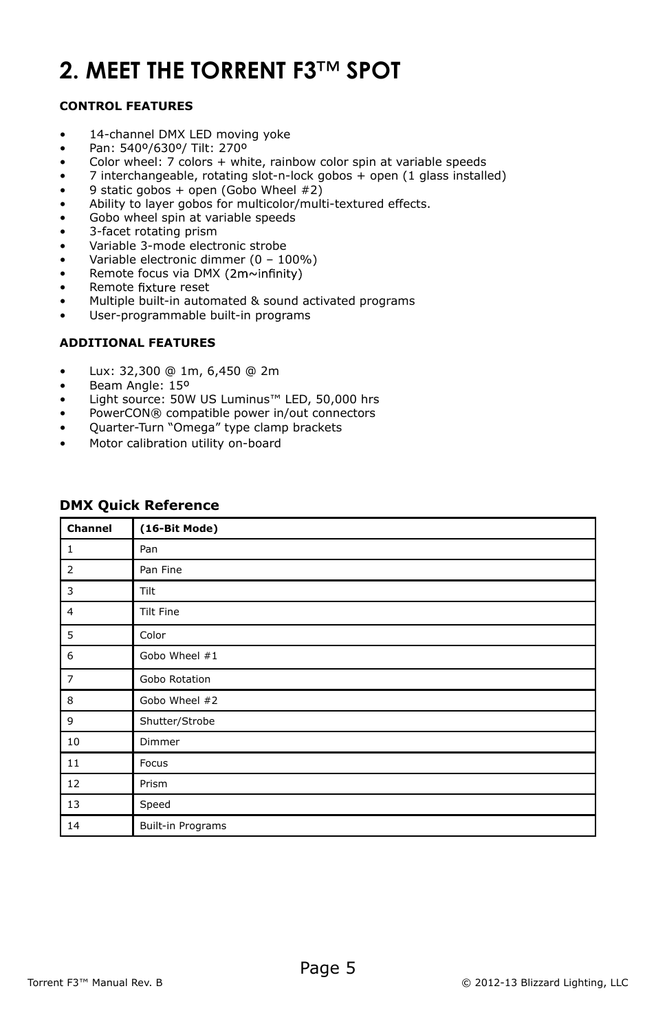 Meet the torrent f3 ™ spot, Page 5, Dmx quick reference | Blizzard Lighting F3 Torrent (Rev B) User Manual | Page 5 / 20