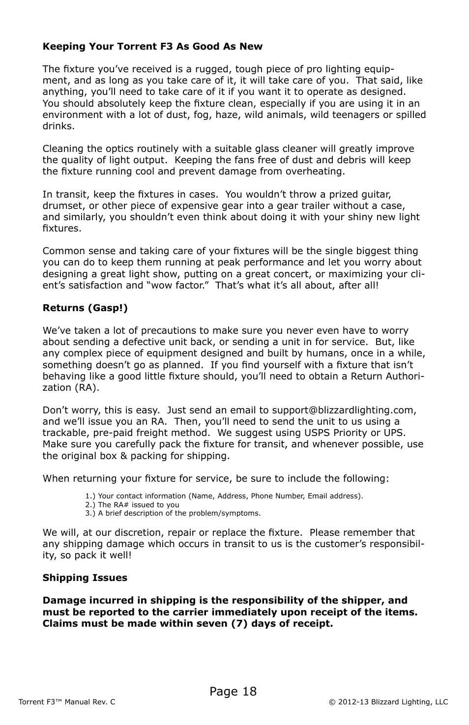 Page 18 | Blizzard Lighting F3 Torrent (Rev C) User Manual | Page 18 / 20