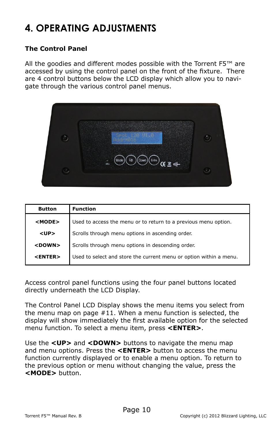 Operating adjustments, Page 10 | Blizzard Lighting F5 Torrent (Rev B) User Manual | Page 10 / 20