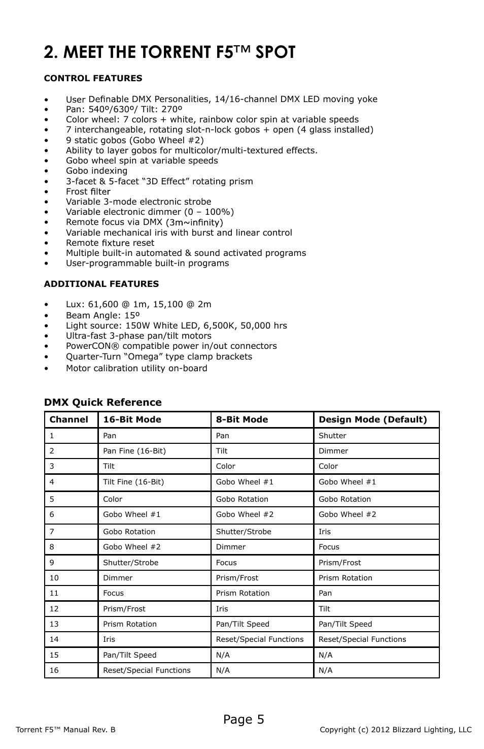 Meet the torrent f5 ™ spot, Page 5, Dmx quick reference | Blizzard Lighting F5 Torrent (Rev B) User Manual | Page 5 / 20
