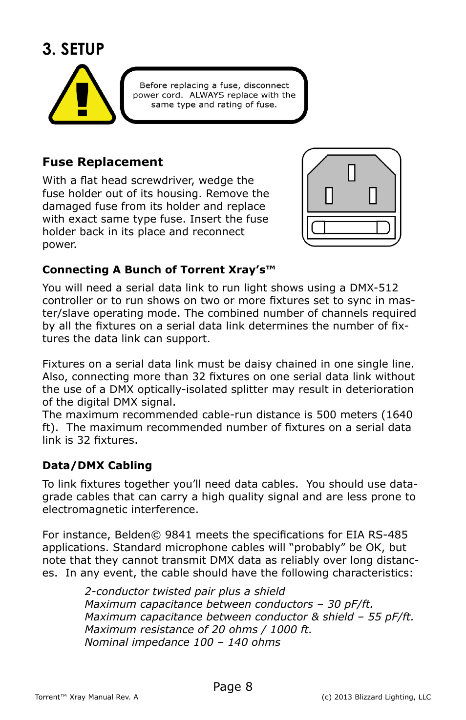 Setup, Page 8, Fuse replacement | Blizzard Lighting Xray Torrent (Rev A) User Manual | Page 8 / 24