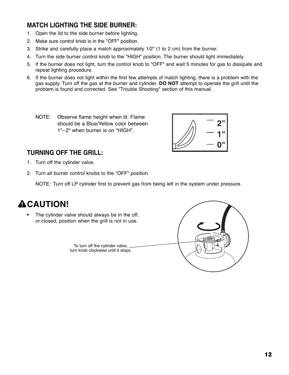 Caution, Match lighting the side burner, Turning off the grill | Brinkmann ProSeries 4495 User Manual | Page 13 / 36