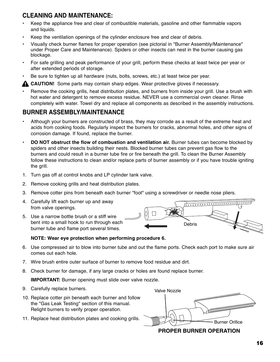 Burner assembly/maintenance, Cleaning and maintenance | Brinkmann ProSeries 4495 User Manual | Page 17 / 36