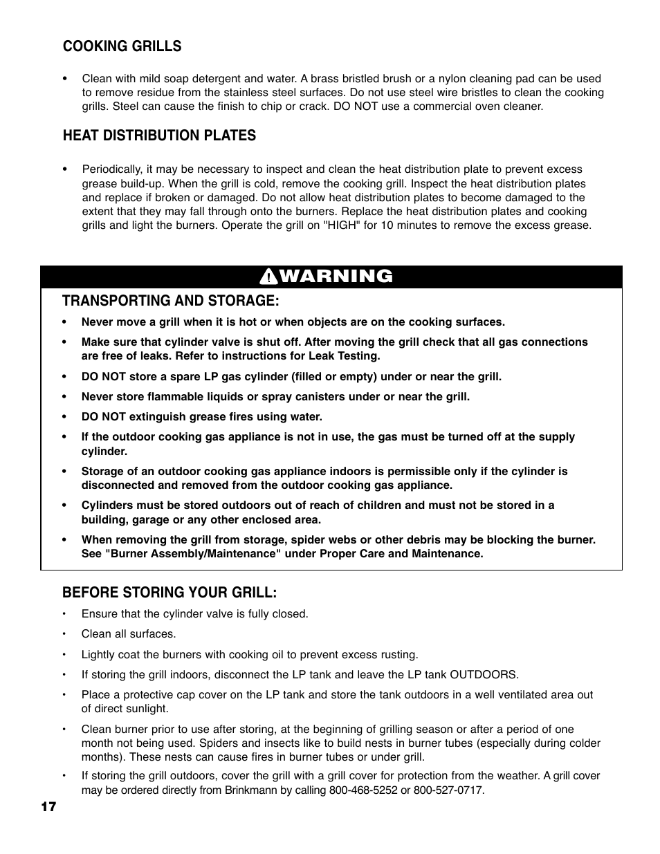 Warning, Transporting and storage, Before storing your grill | Cooking grills, Heat distribution plates | Brinkmann ProSeries 4495 User Manual | Page 18 / 36