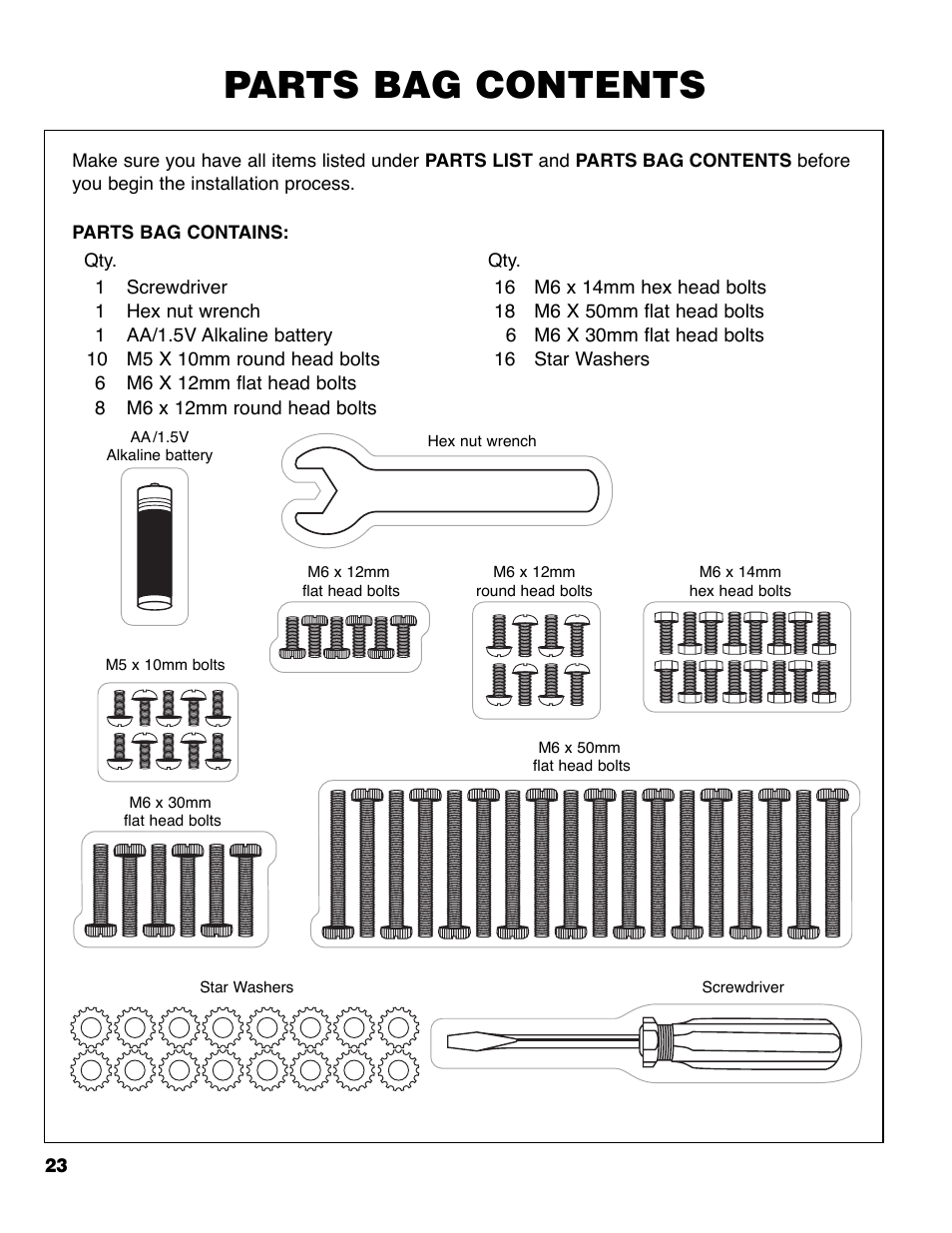 Parts bag contents | Brinkmann ProSeries 4495 User Manual | Page 24 / 36