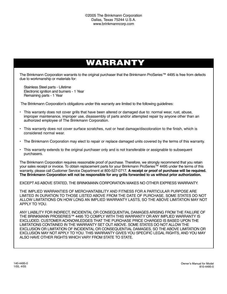 Warranty | Brinkmann ProSeries 4495 User Manual | Page 36 / 36