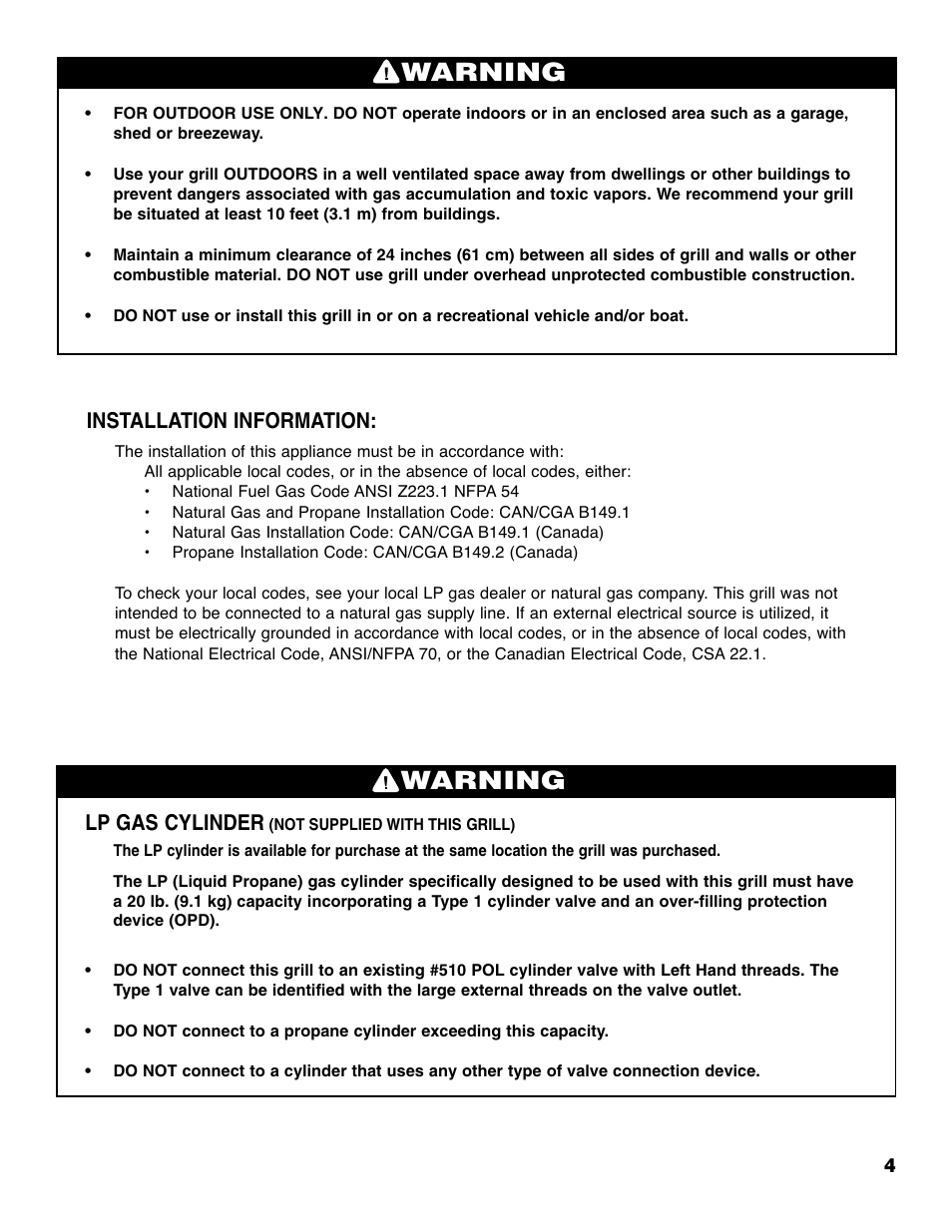 Warning, Lp gas cylinder, Installation information | Brinkmann ProSeries 4495 User Manual | Page 5 / 36