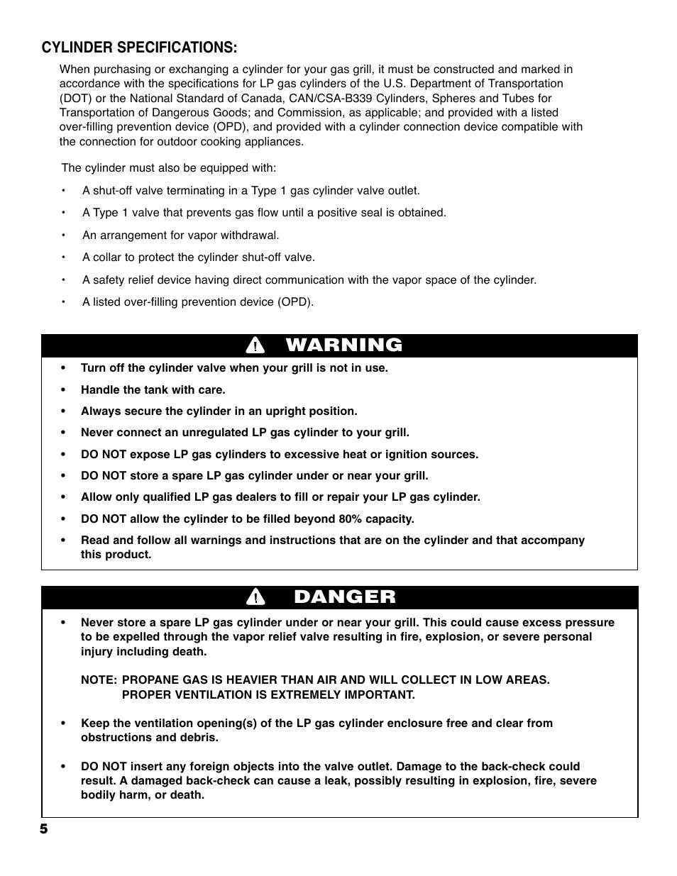 Warning danger, Cylinder specifications | Brinkmann ProSeries 4495 User Manual | Page 6 / 36