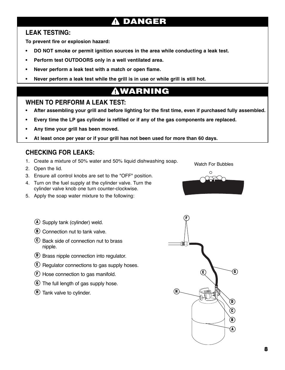 Warning, Danger, Leak testing | When to perform a leak test, Checking for leaks | Brinkmann ProSeries 4495 User Manual | Page 9 / 36