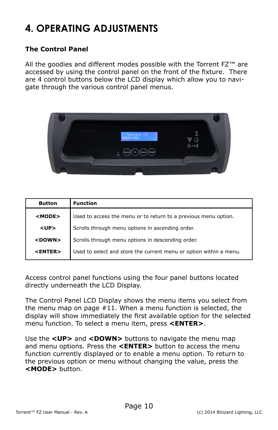 Operating adjustments, Page 10 | Blizzard Lighting FZ Torrent (Rev A) User Manual | Page 10 / 20