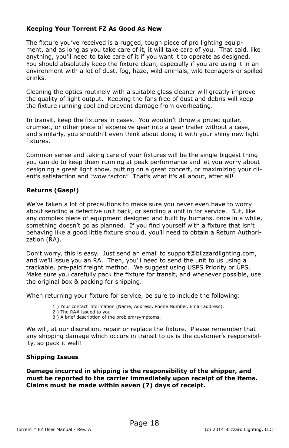 Page 18 | Blizzard Lighting FZ Torrent (Rev A) User Manual | Page 18 / 20