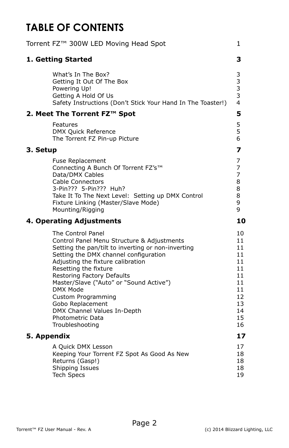 Blizzard Lighting FZ Torrent (Rev A) User Manual | Page 2 / 20