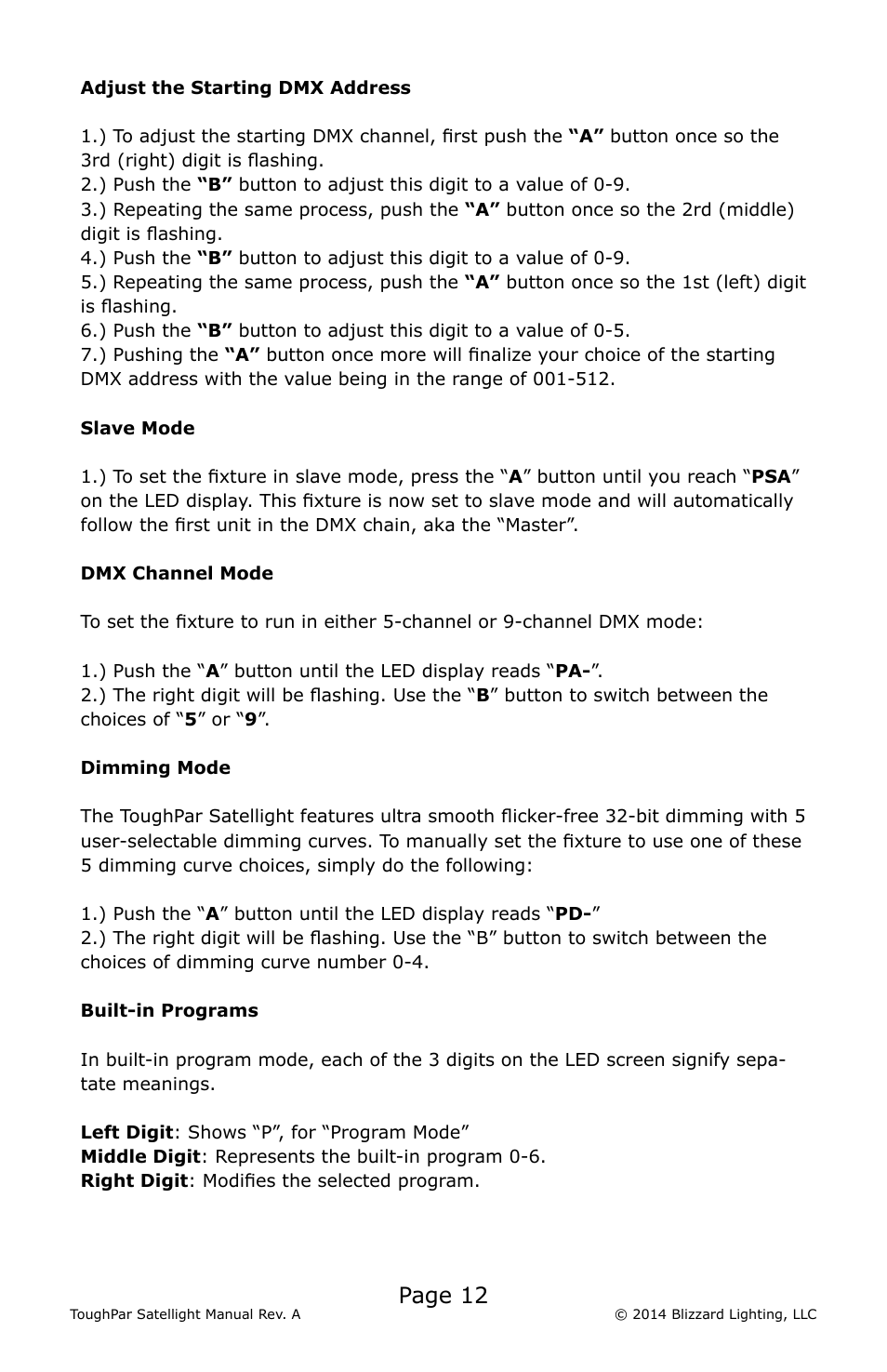 Page 12 | Blizzard Lighting RGBW ToughPar Satellight (Rev A) User Manual | Page 12 / 20