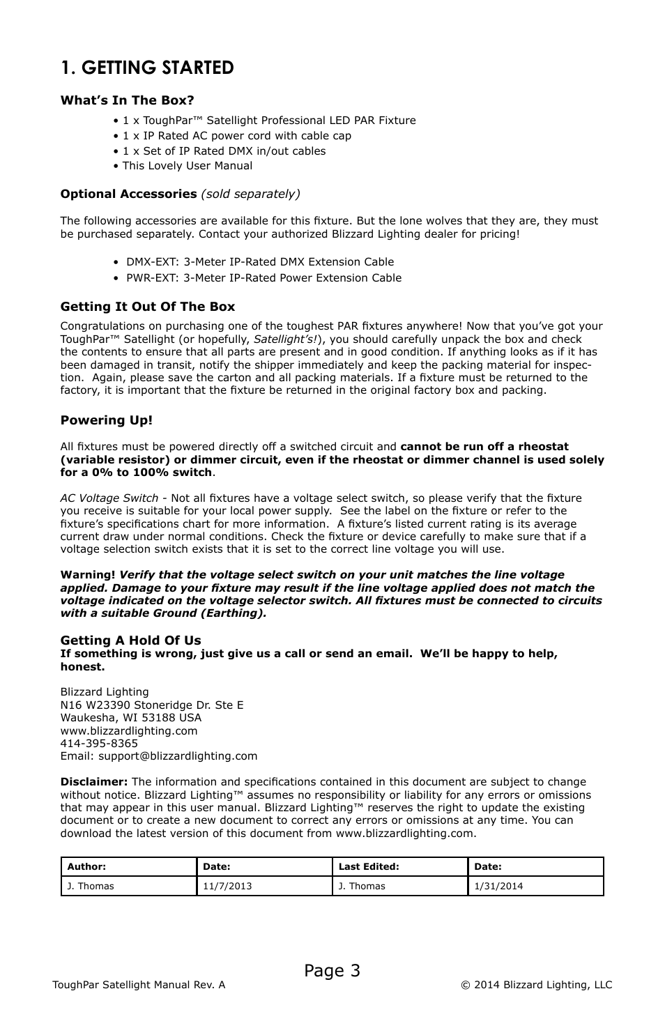 Getting started, Page 3 | Blizzard Lighting RGBW ToughPar Satellight (Rev A) User Manual | Page 3 / 20