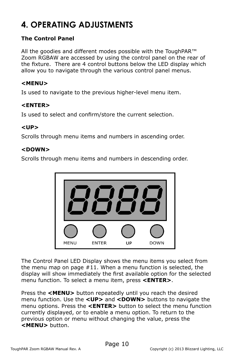 Operating adjustments, Page 10 | Blizzard Lighting RGBAW ToughPar Zoom (Rev A) User Manual | Page 10 / 20