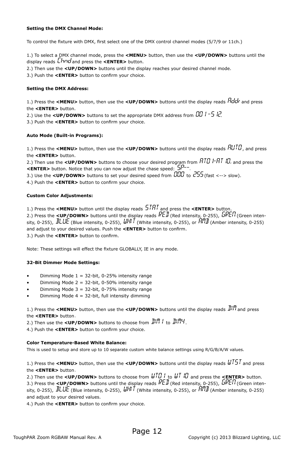 Page 12, Chnd, Addr | Auto, At01-at10, Stat, Gren, Blue, Whit, Dim1 | Blizzard Lighting RGBAW ToughPar Zoom (Rev A) User Manual | Page 12 / 20