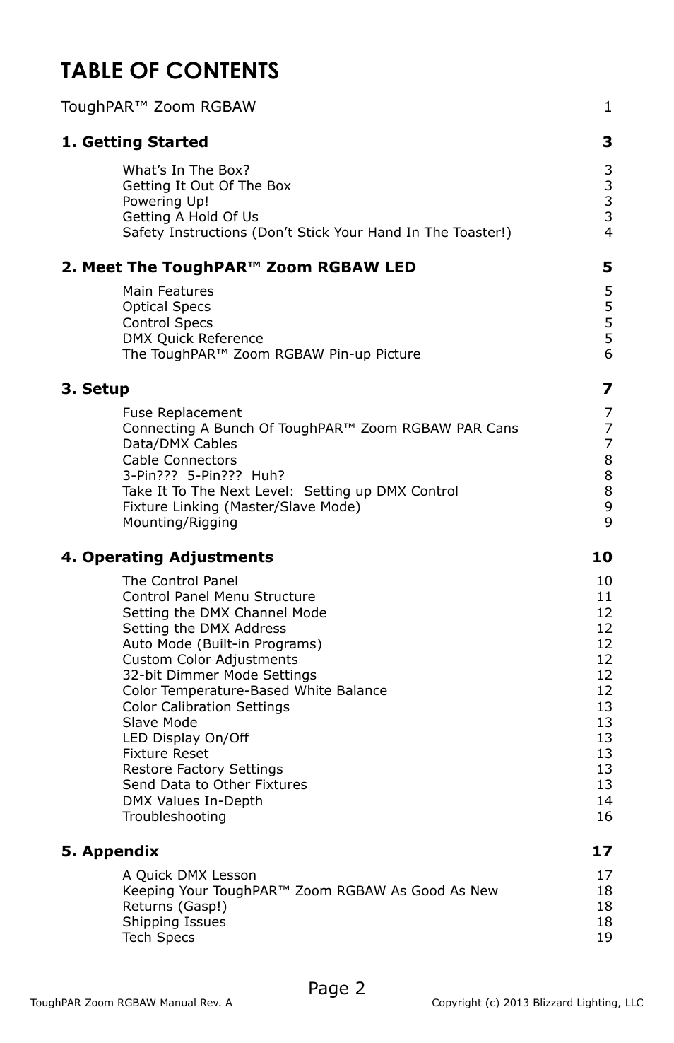 Blizzard Lighting RGBAW ToughPar Zoom (Rev A) User Manual | Page 2 / 20