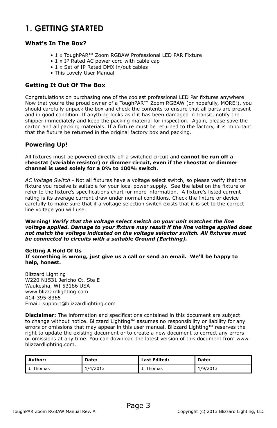 Getting started, Page 3 | Blizzard Lighting RGBAW ToughPar Zoom (Rev A) User Manual | Page 3 / 20