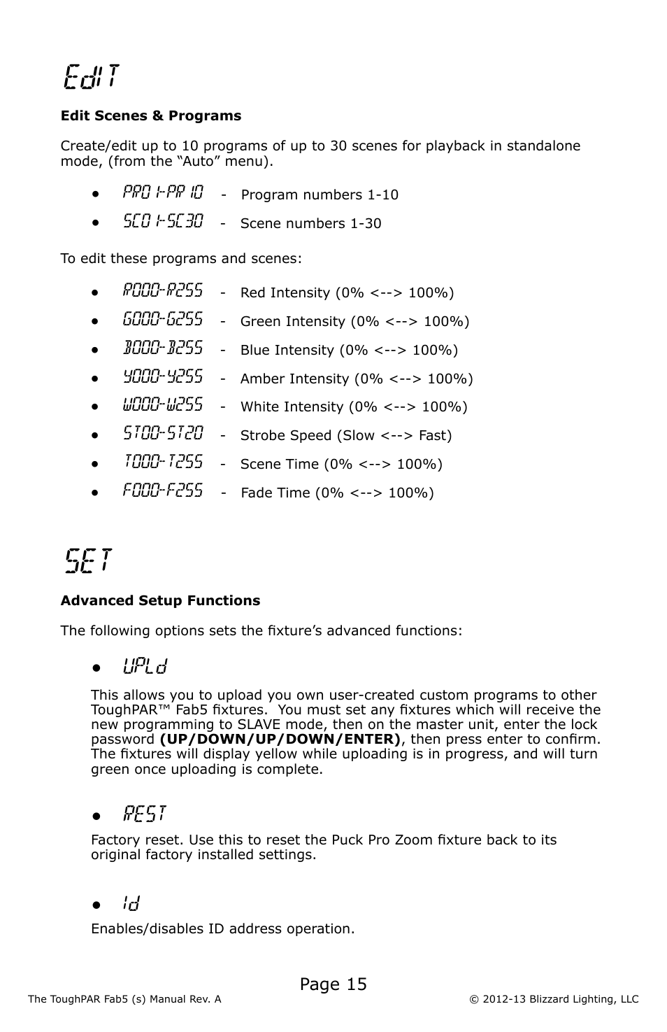 Edit, Upld, Rest | Blizzard Lighting Fab5 ToughPAR (Rev A) User Manual | Page 15 / 24