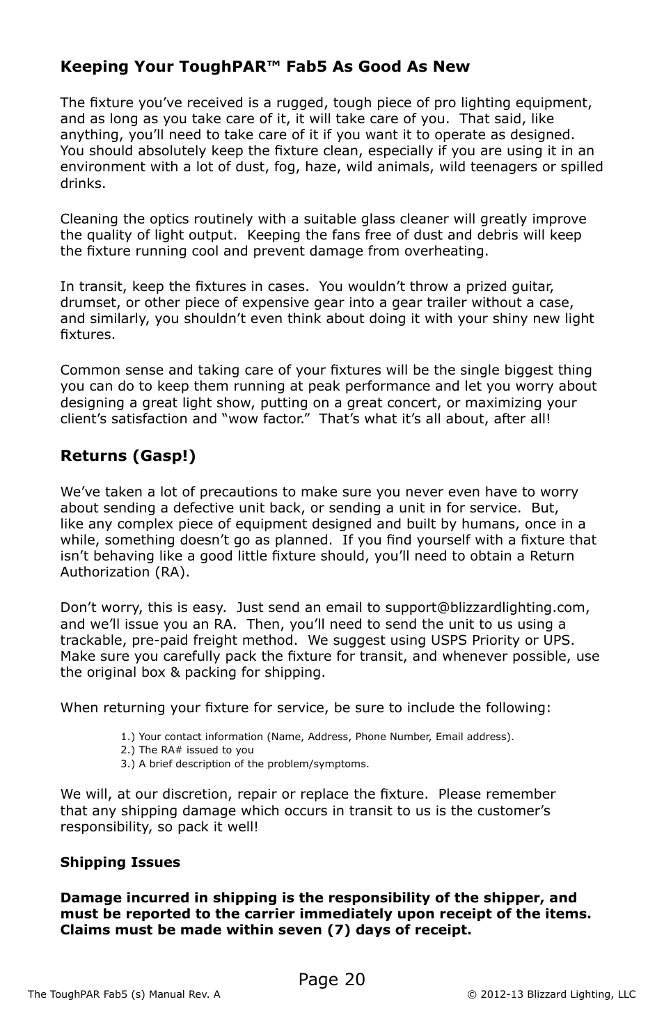 Page 20 | Blizzard Lighting Fab5 ToughPAR (Rev A) User Manual | Page 20 / 24
