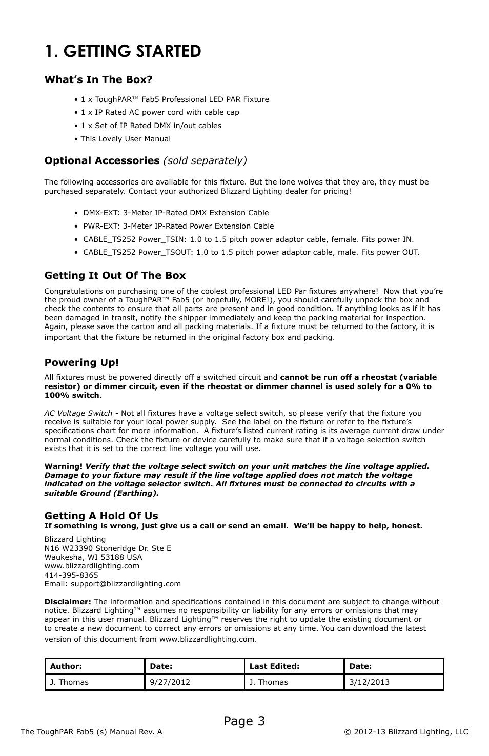 Getting started, Page 3, What’s in the box | Optional accessories (sold separately), Getting it out of the box, Powering up, Getting a hold of us | Blizzard Lighting Fab5 ToughPAR (Rev A) User Manual | Page 3 / 24