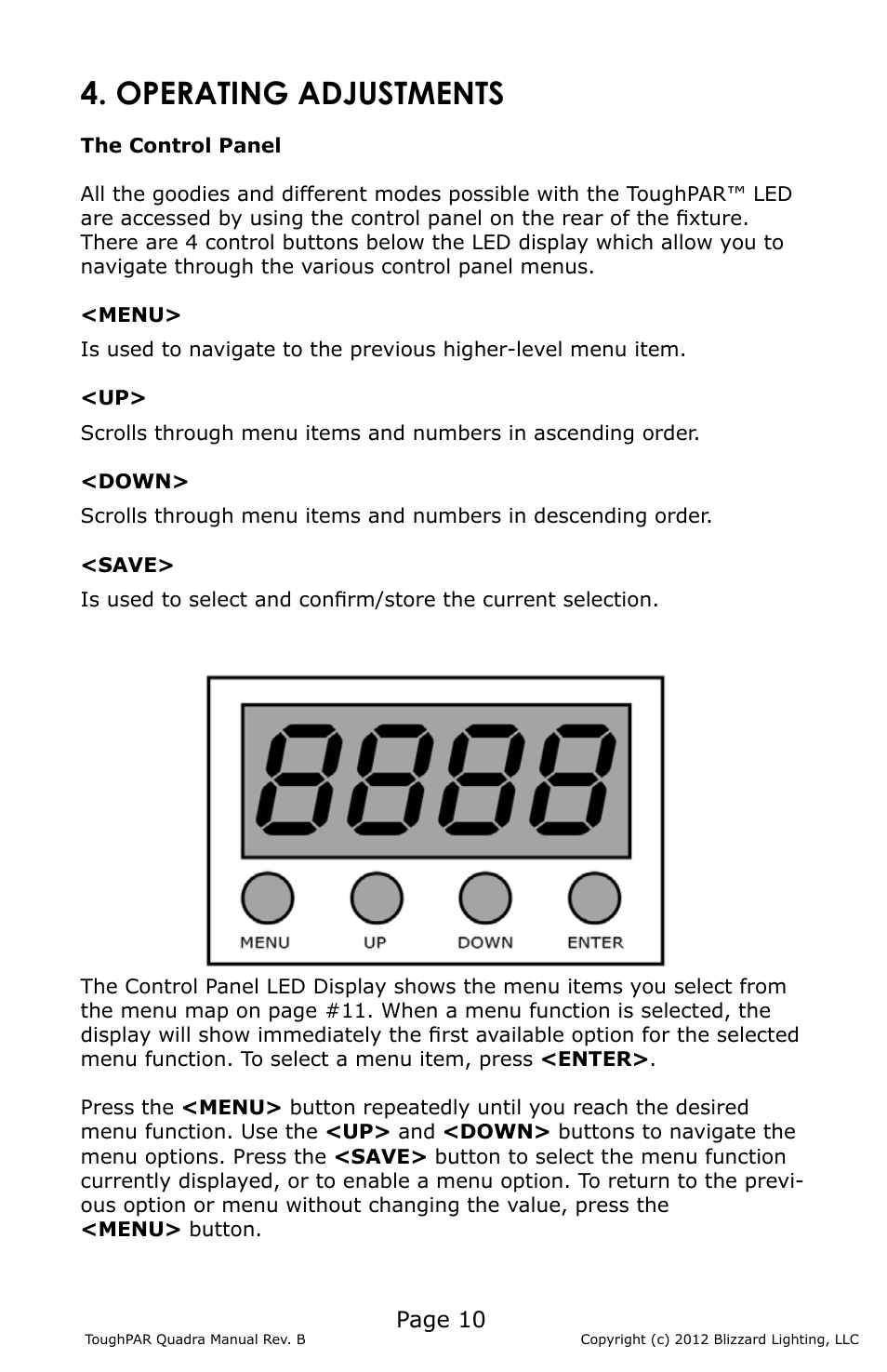 Operating adjustments, Page 10 | Blizzard Lighting Quadra ToughPAR (Rev B) User Manual | Page 10 / 20