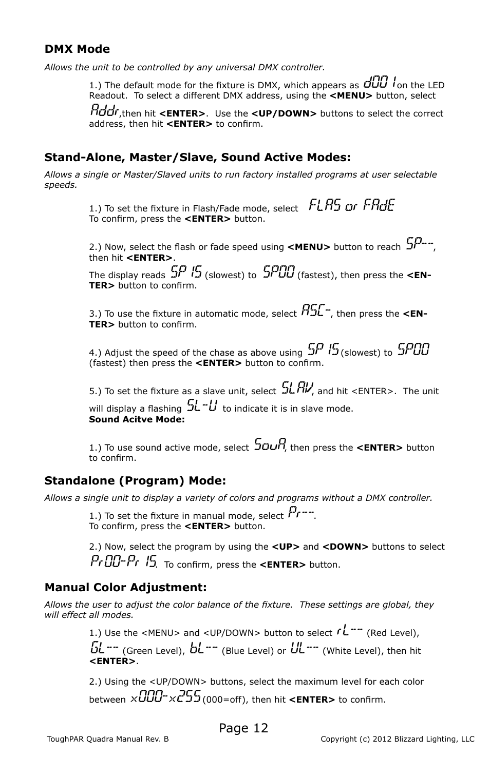 D001, Addr, Flas or fade | Sp15, Sp00, Slav, Sl-u, Soua, Pr00-pr15, Page 12 | Blizzard Lighting Quadra ToughPAR (Rev B) User Manual | Page 12 / 20