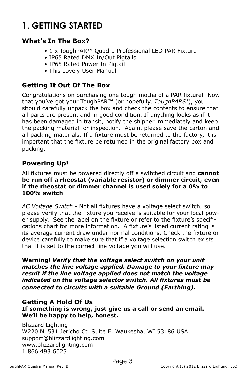 Getting started, Page 3, What’s in the box | Getting it out of the box, Powering up, Getting a hold of us | Blizzard Lighting Quadra ToughPAR (Rev B) User Manual | Page 3 / 20