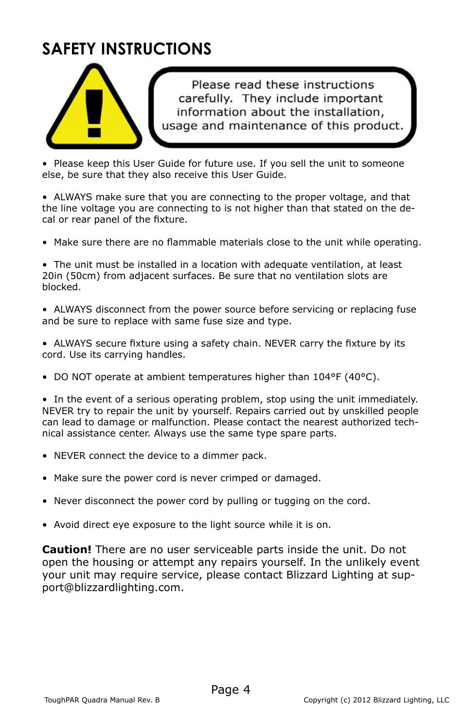 Safety instructions, Page 4 | Blizzard Lighting Quadra ToughPAR (Rev B) User Manual | Page 4 / 20