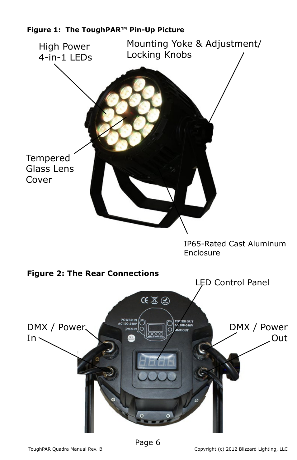 High power 4-in-1 leds, Mounting yoke & adjustment/ locking knobs, Dmx / power in | Dmx / power out tempered glass lens cover | Blizzard Lighting Quadra ToughPAR (Rev B) User Manual | Page 6 / 20