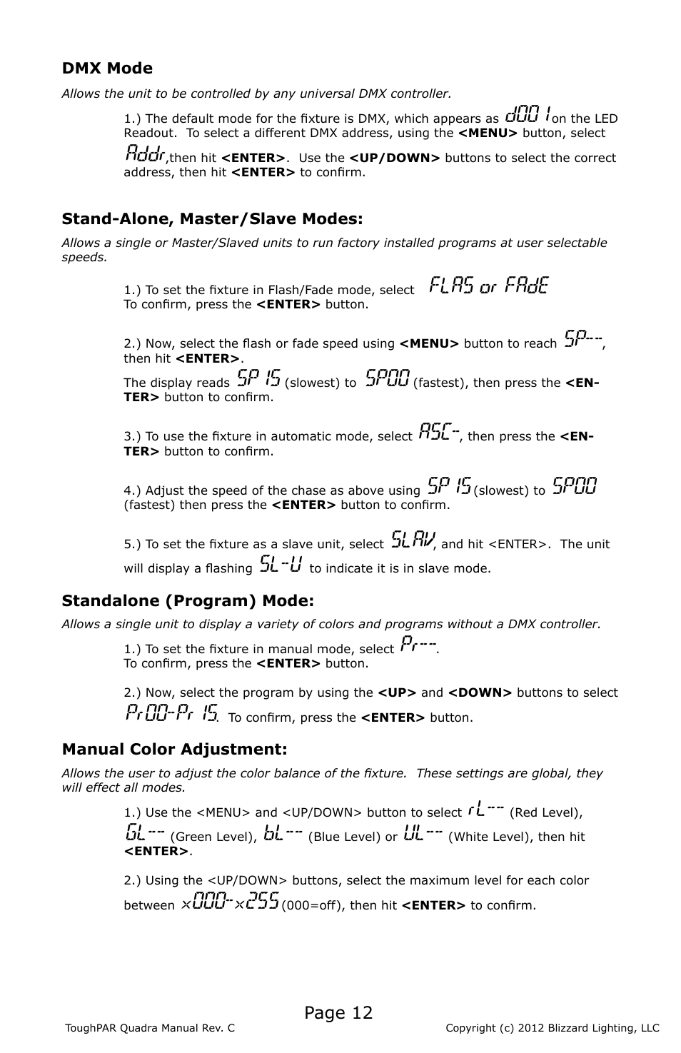 D001, Addr, Flas or fade | Sp15, Sp00, Slav, Sl-u, Pr00-pr15, Page 12 | Blizzard Lighting Quadra ToughPAR (Rev C) User Manual | Page 12 / 20