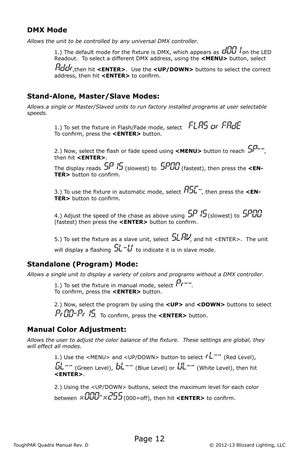 D001, Addr, Flas or fade | Sp15, Sp00, Slav, Sl-u, Pr00-pr15, Page 12 | Blizzard Lighting Quadra ToughPAR (Rev D) User Manual | Page 12 / 20