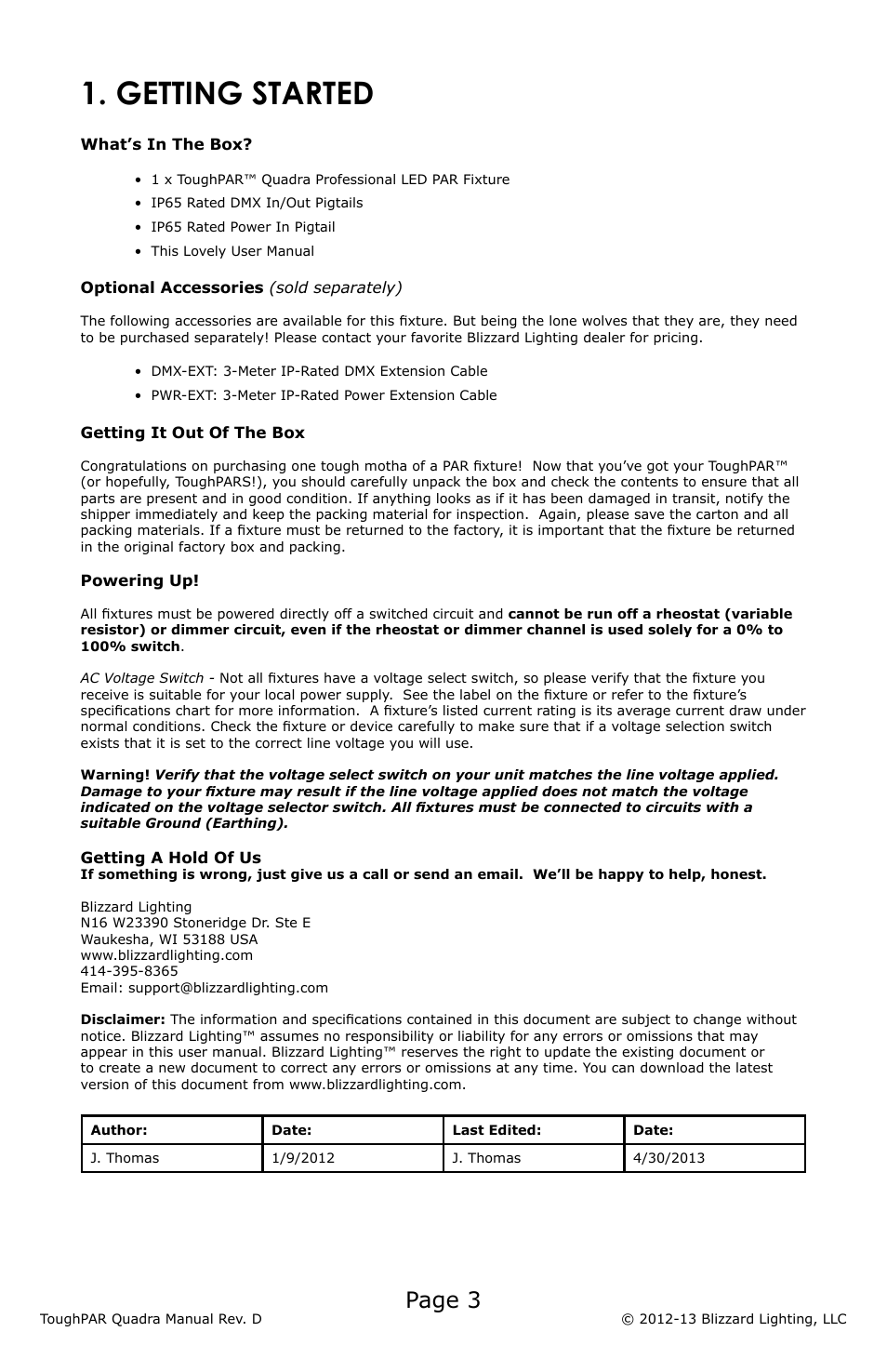 Getting started, Page 3 | Blizzard Lighting Quadra ToughPAR (Rev D) User Manual | Page 3 / 20