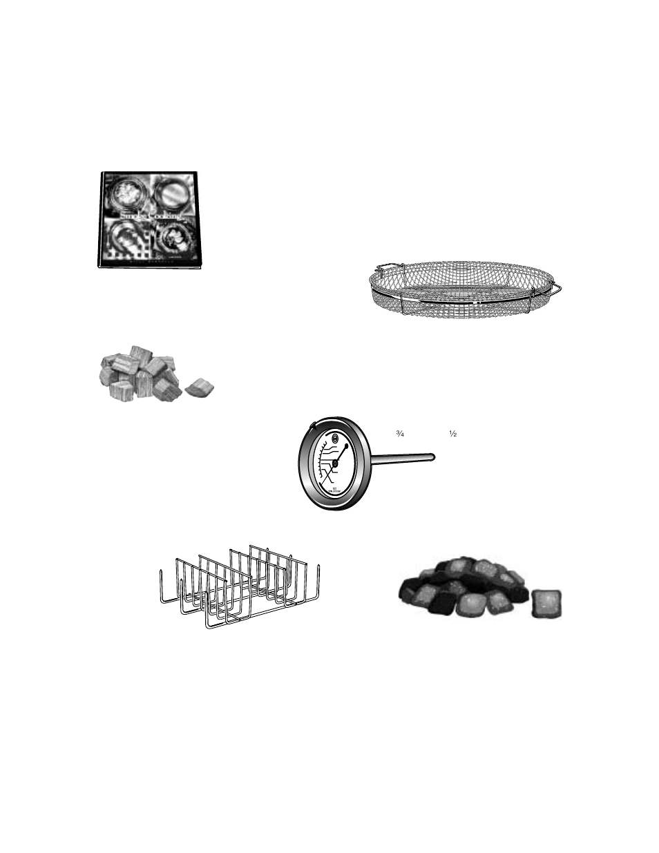 Accessories, 13 the art of smoke cooking cookbook, Smoker basket | Rib rack, Commercial-quality meat thermometer, Hickory & mesquite smoking wood, Smoker’s blend charcoal | Brinkmann DS-30 User Manual | Page 14 / 16