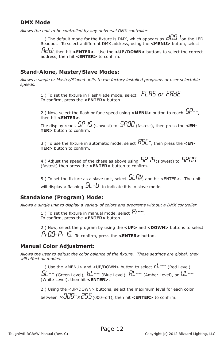 D001, Addr, Flas or fade | Sp15, Sp00, Slav, Sl-u, Pr00-pr15, Page 12 | Blizzard Lighting RGBAW ToughPAR (Rev C) User Manual | Page 12 / 20