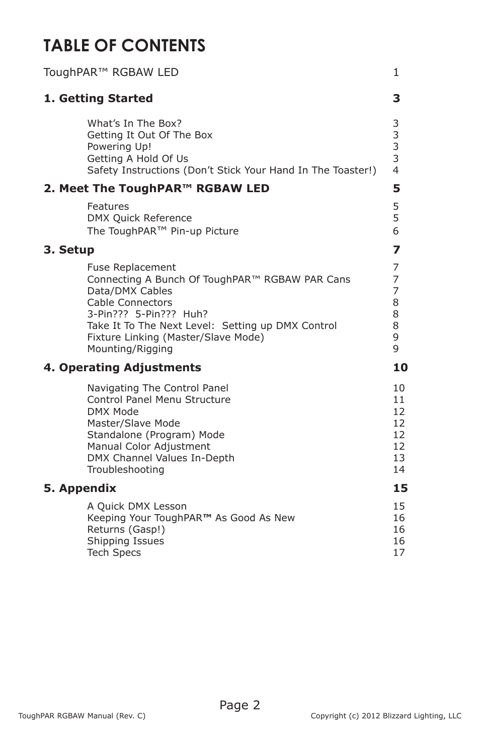 Blizzard Lighting RGBAW ToughPAR (Rev C) User Manual | Page 2 / 20