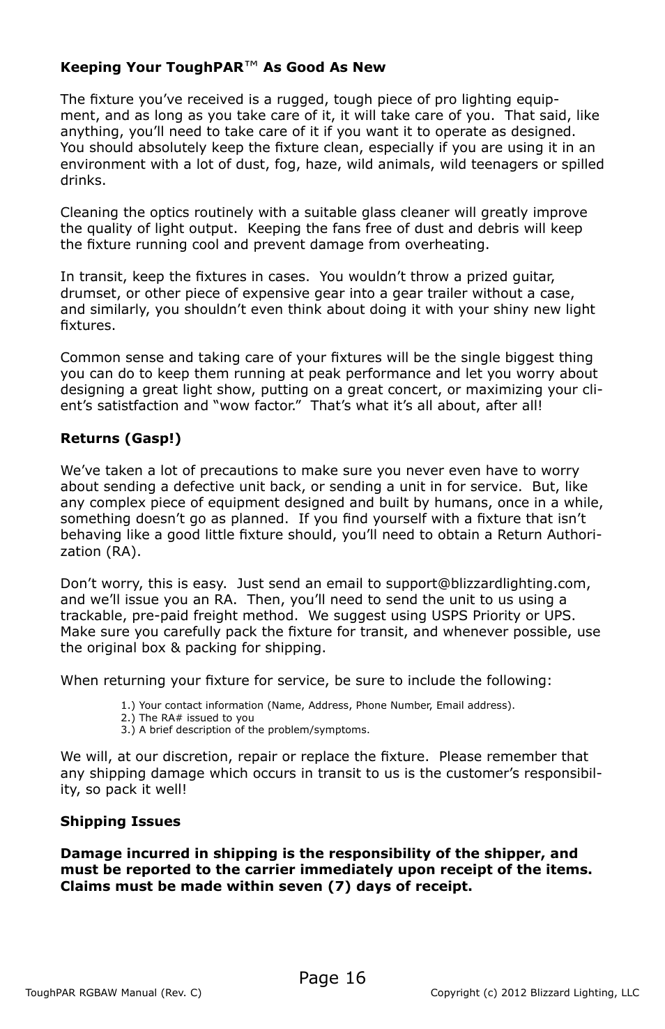 Page 16 | Blizzard Lighting RGBAW ToughPAR (Rev D) User Manual | Page 16 / 20