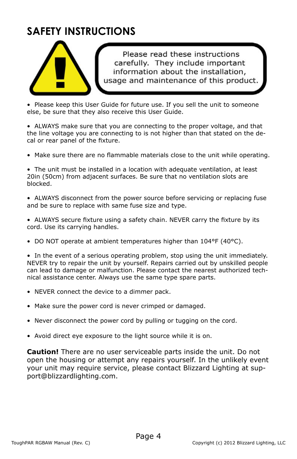 Safety instructions, Page 4 | Blizzard Lighting RGBAW ToughPAR (Rev D) User Manual | Page 4 / 20