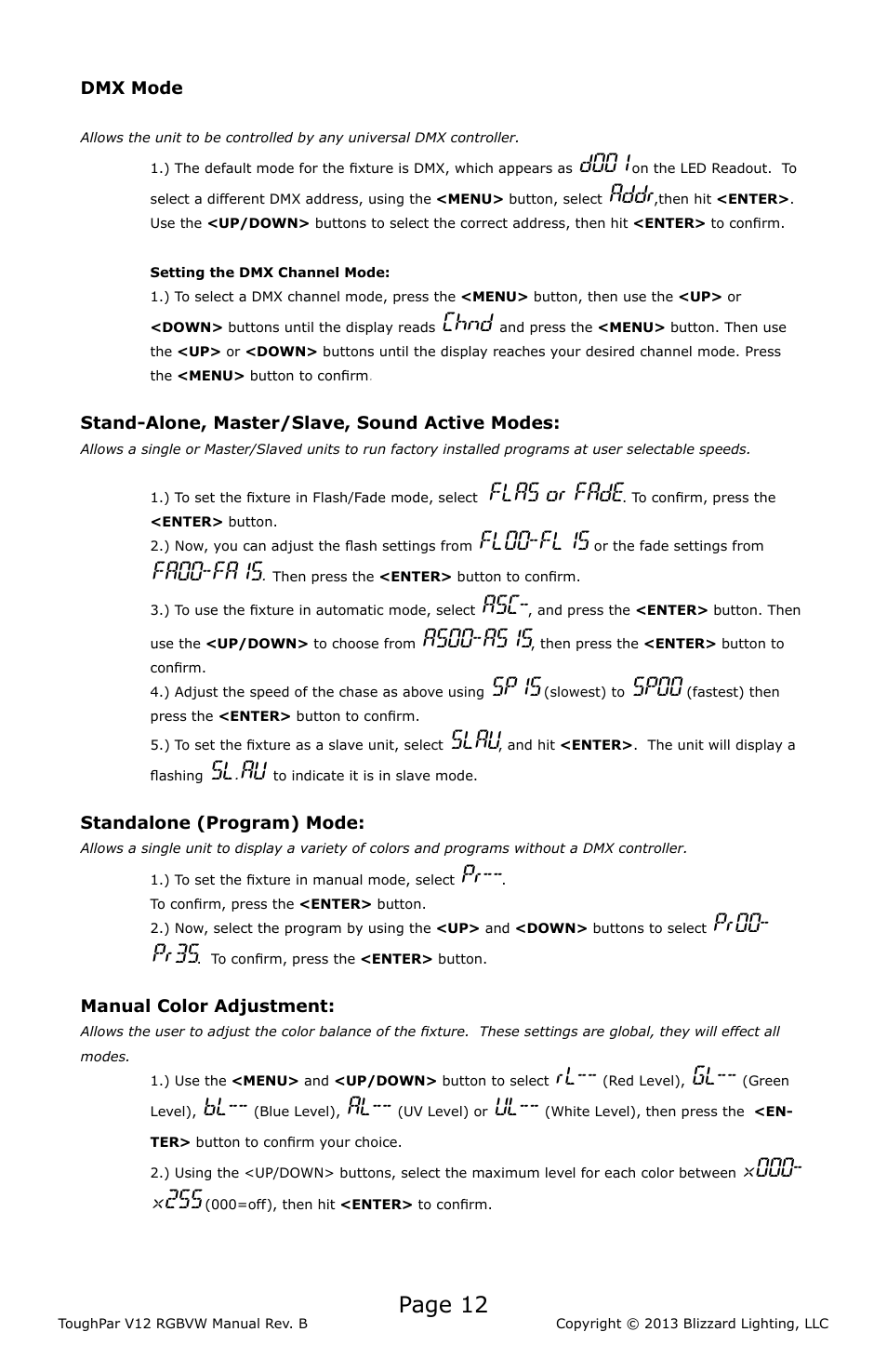 Page 12, D001, Addr | Chnd, Flas or fade, Fl00-fl15, Fa00-fa15, As00-as15, Sp15, Sp00 | Blizzard Lighting V12 RGBVW ToughPar (Rev B) User Manual | Page 12 / 20