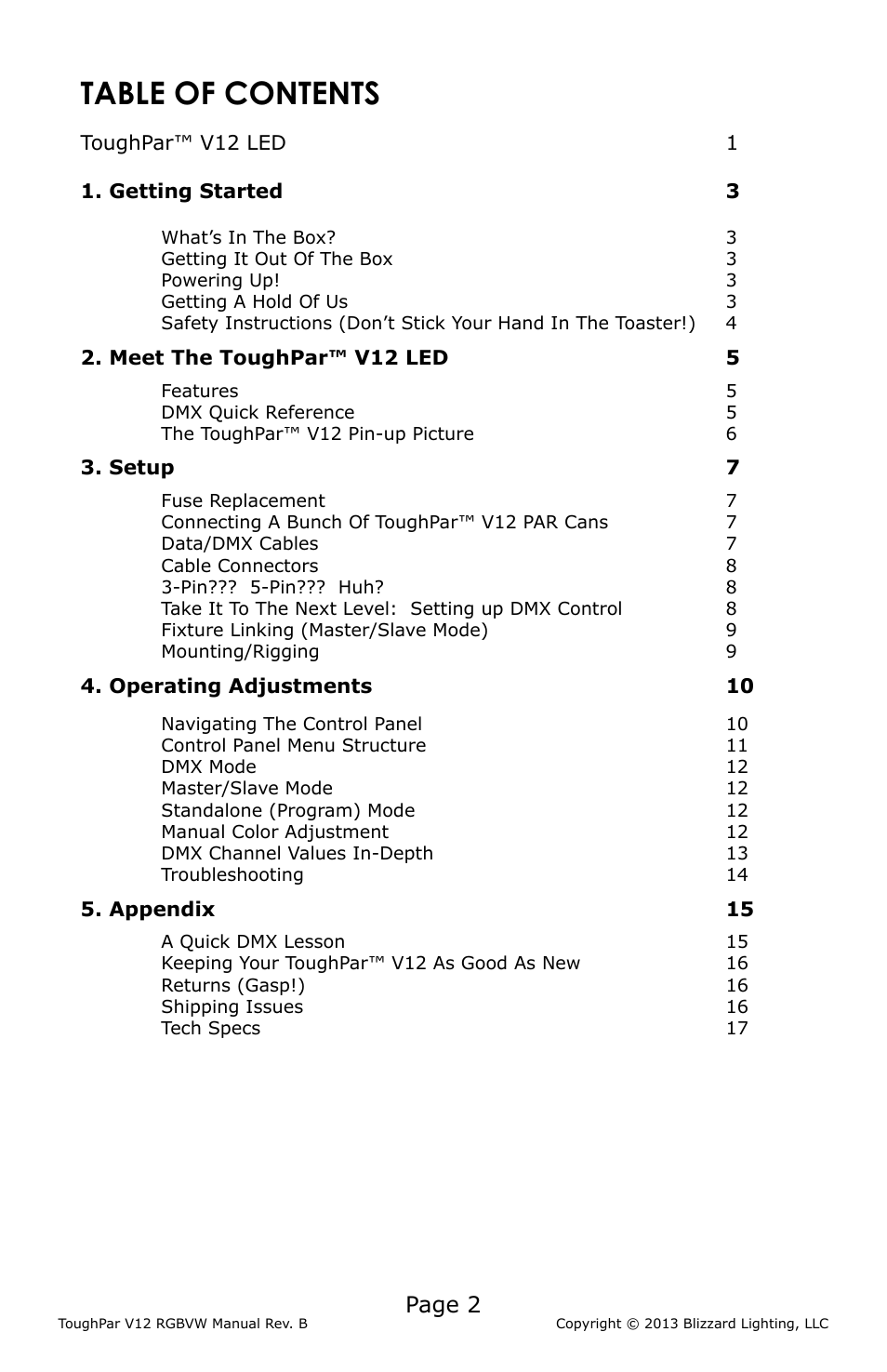 Blizzard Lighting V12 RGBVW ToughPar (Rev B) User Manual | Page 2 / 20